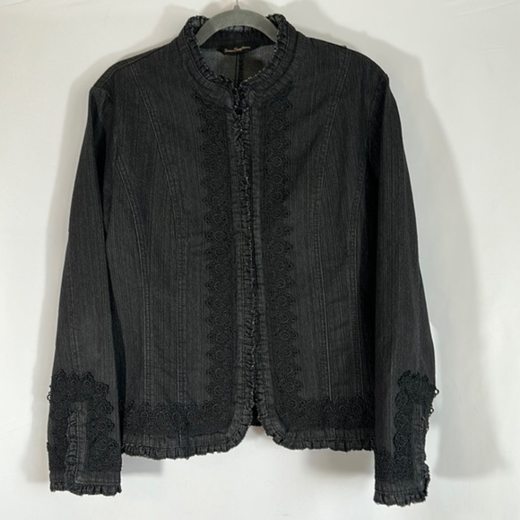 Simon Chang Black Embroidered Lace Detail Denim Jacket - Picture 1 of 14